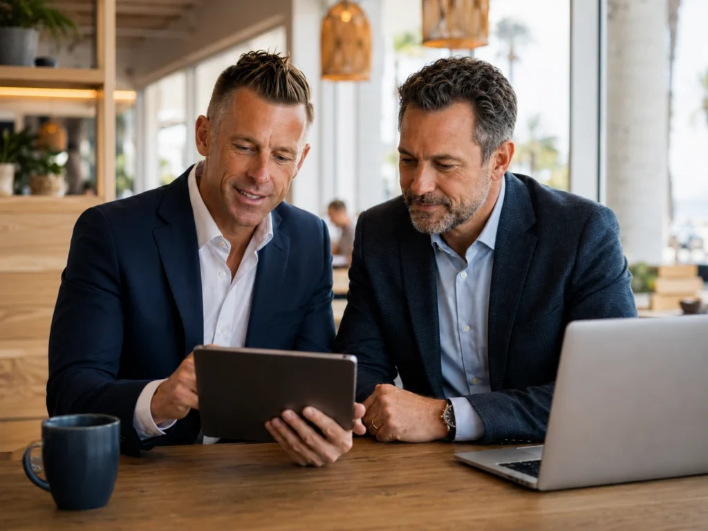 Career advisor and experienced professional reviewing a career strategy on a tablet in a coastal coworking space.