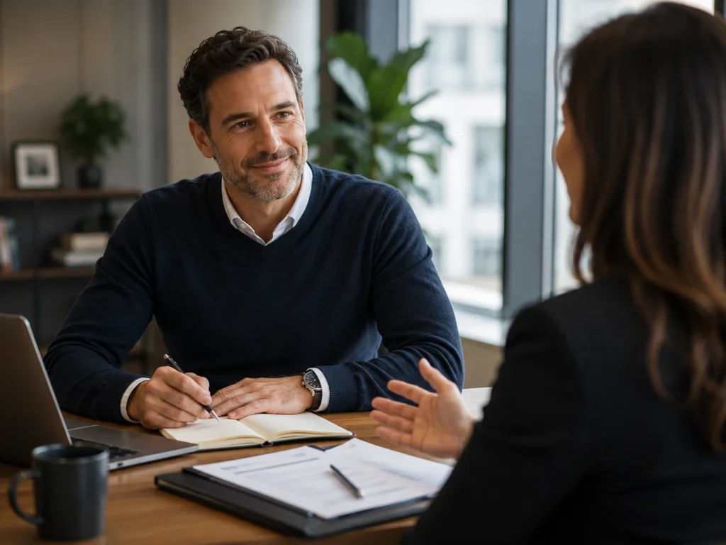 Experienced professional discussing a career-search strategy with an advisor.